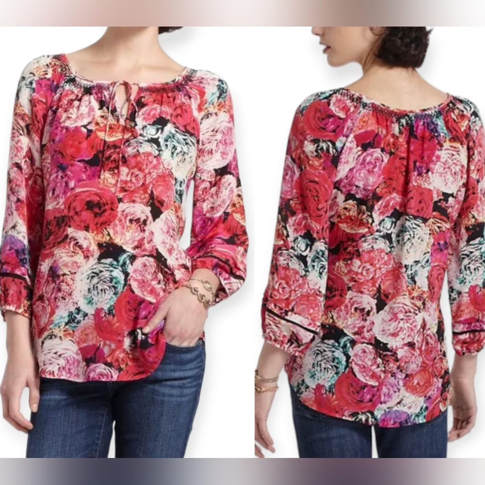 Anthropologie red pink & white floral silk blouse top Womens XLarge